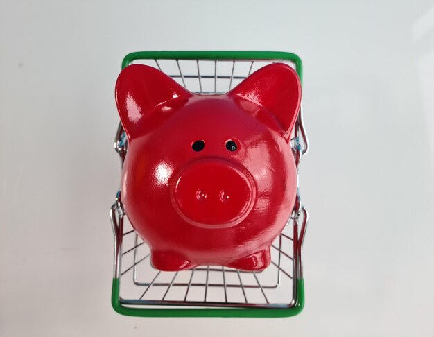 Sparschwein im Einkaufskorb auf weißem Hintergrund
