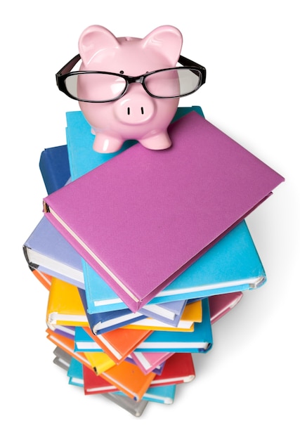 Sparschwein in Gläsern und Büchern auf weißem Hintergrund