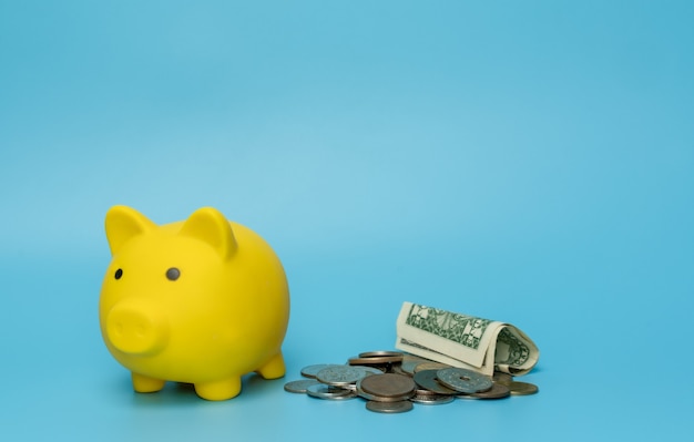 Sparschwein mit Geld auf blauem Hintergrund. Sparen Sie Geld Konzept
