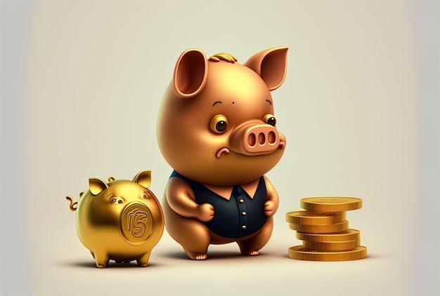 Sparschwein mit goldener Dollarmünze und Charaktermaskottchen aus einem Treueprogramm auf weißem Hintergrund