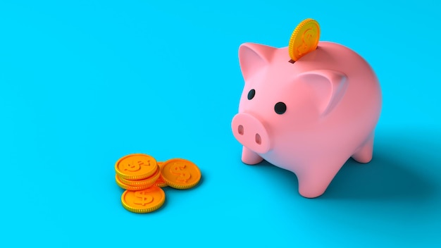 Sparschwein mit Münzen auf blauem Hintergrund Geld sparen Münzen fallen in das Sparschwein 3D-Rendering