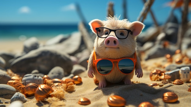 Foto sparschwein mit sonnenbrille am strand