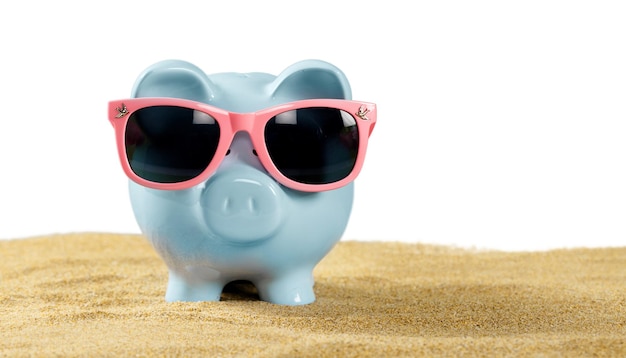 Sparschwein mit Sonnenbrille am Strand