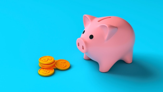 Sparschwein und Goldmünzen auf blauem Hintergrund, 3D-Rendering