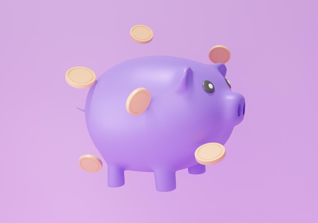 Sparschwein und Münzen schwimmend mit Ergebniskonzept Geschäftsfinanzierung Geld sparen Kostensenkung Cartoon minimal auf lila Hintergrund Banner 3d Render Illustration