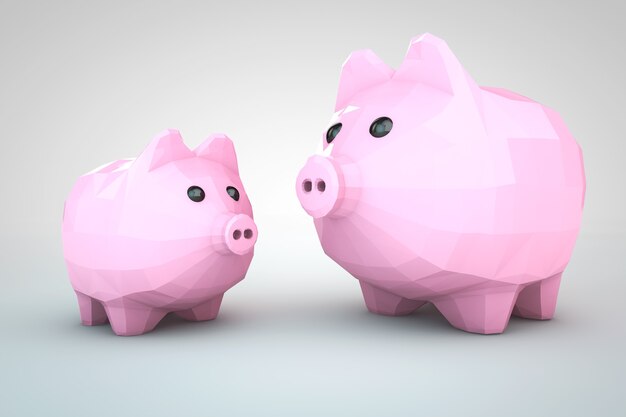 Sparschweine im Low-Polygon-Stil auf weißem Hintergrund. 3D-Rendering
