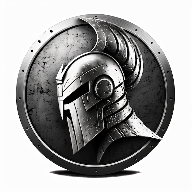 Spartanische Helmemblemillustration im silbernen Kreis, Logo, weißer Hintergrund. Generative KI