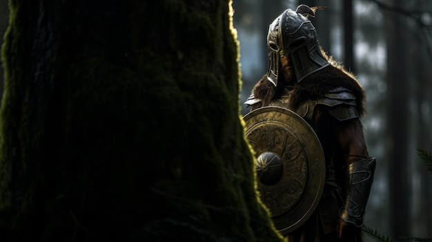 Spartanischer Krieger, der aus dem Wald auftaucht. Der Lambda-Schild leuchtet in einem unheimlichen Licht.