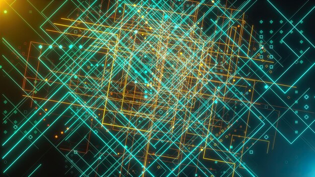 Spase con rejillas de tecnología delgada y pequeñas partículas geométricas generadas por computadora 3d renderizar fondo digital
