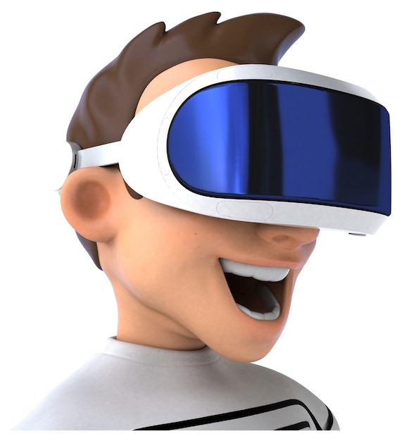 Spaß 3D-Illustration eines Cartoon-Mannes mit einem VR-Helm