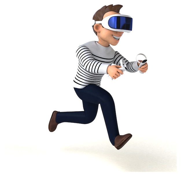 Spaß 3D-Illustration eines Cartoon-Mannes mit einem VR-Helm