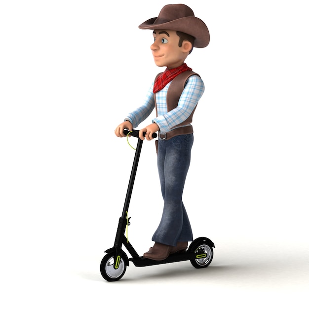 Spaß 3D-Illustration eines lustigen Cowboys auf einem Elektroroller