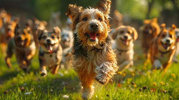 Spaß australischer Schäferhund Border Collie läuft mit Parson Russell Terrier und Jack Russell Terrier Welpe