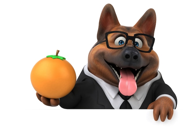 Spaß deutscher Schäferhund mit Orangenfrucht