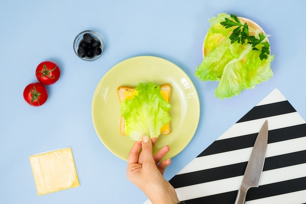 Spaß Essen Kunst für Kinder. Marienkäfersandwich an der blauen Wand. Wie man ein kreatives Frühstück für Kinder zu Hause macht. Schritt für Schritt Anleitung, Ansicht von oben.