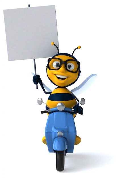 Spaß illustrierte Biene mit Brille, die einen Roller reitet, der ein Plakat hält