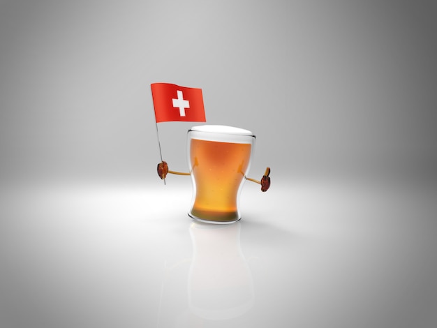 Spaß illustrierter Biercharakter, der die Flagge der Schweiz hält