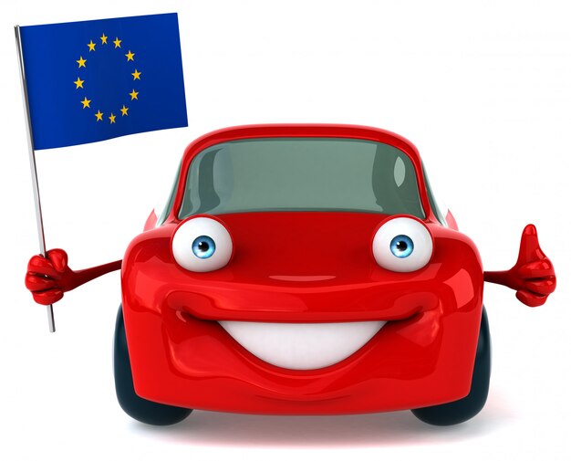 Spaß illustriertes Auto, das die Flagge der Europäischen Union hält