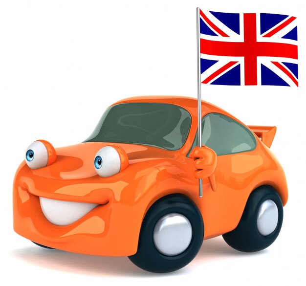 Foto spaß illustriertes auto, das die flagge von großbritannien hält