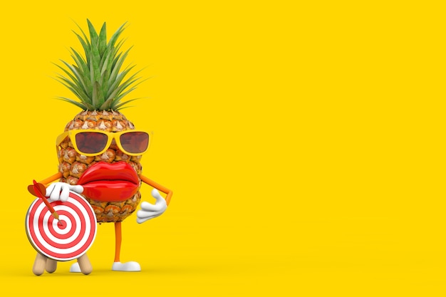 Foto spaß-karikatur-mode-hipster-schnitt-ananas-person-charakter-maskottchen mit mit bogenschießen-ziel und pfeil in der mitte auf einem gelben hintergrund. 3d-rendering
