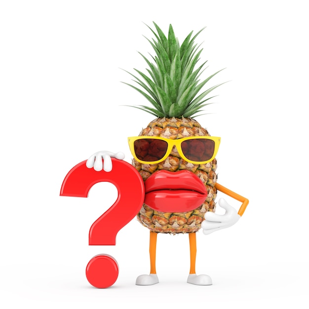 Foto spaß-karikatur-mode-hipster-schnitt-ananas-person-charakter-maskottchen mit rotem fragezeichen-zeichen auf weißem hintergrund. 3d-rendering