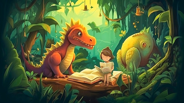 Spaß mit Zeichentrick-Dinosauern im Dschungel-Hintergrund Jurassic Park-Themen-Vektorillustration
