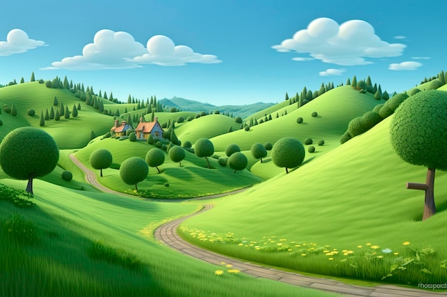 Spaß und Fröhlichkeit, Pixar Rolling Green Hills, eine visuelle Reise mit generativer KI