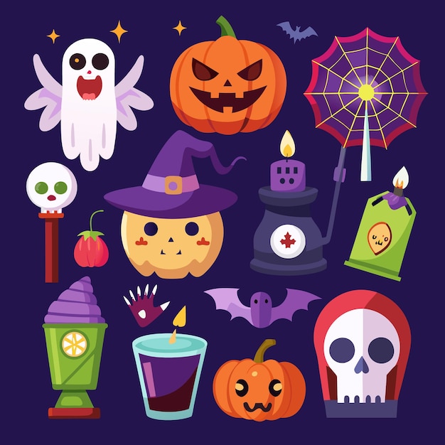 Spaß und gruselige Halloween-Ikonen für Kinder Geister Kürbisse und Fledermäuse
