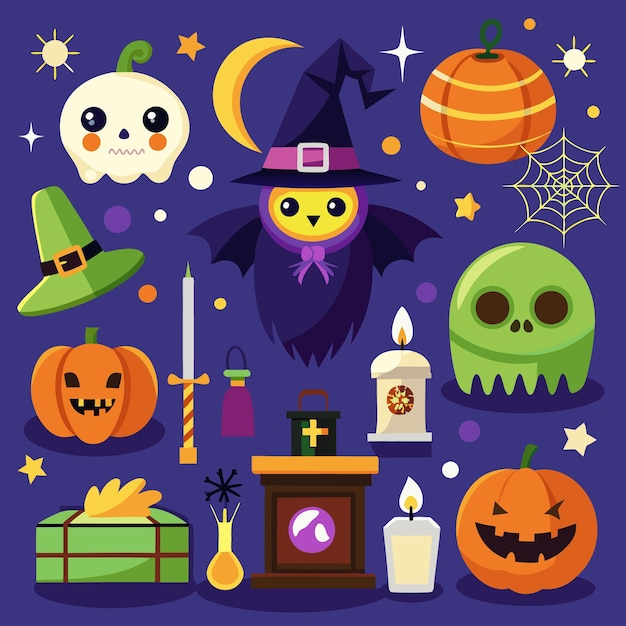 Spaß und gruselige Halloween-Ikonen für Kinder Geister Kürbisse und Fledermäuse