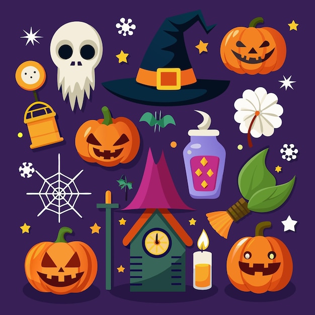 Spaß und gruselige Halloween-Ikonen für Kinder Geister Kürbisse und Fledermäuse