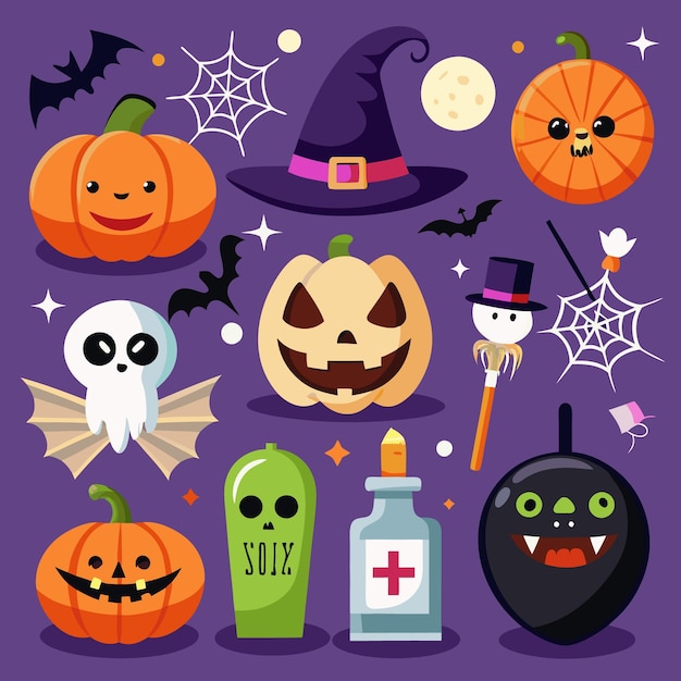 Spaß und gruselige Halloween-Ikonen für Kinder Geister Kürbisse und Fledermäuse