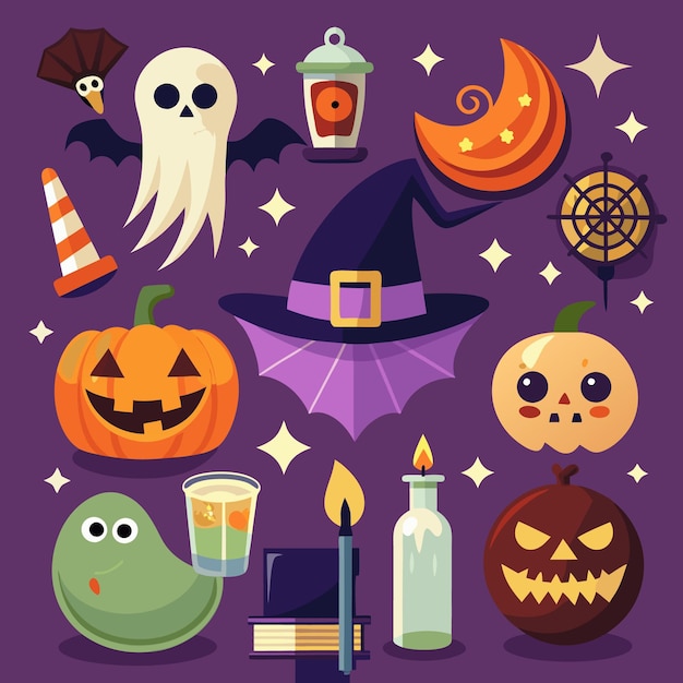 Spaß und gruselige Halloween-Ikonen für Kinder Geister Kürbisse und Fledermäuse