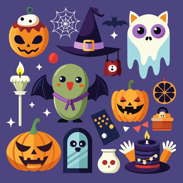 Spaß und gruselige Halloween-Ikonen für Kinder Geister Kürbisse und Fledermäuse