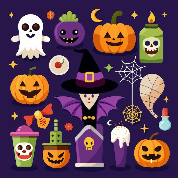 Spaß und gruselige Halloween-Ikonen für Kinder Geister Kürbisse und Fledermäuse