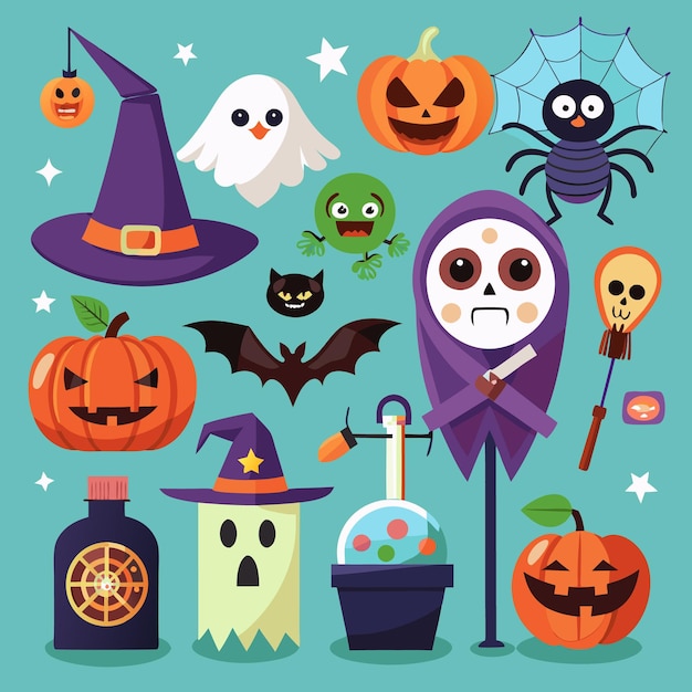 Spaß und gruselige Halloween-Ikonen für Kinder Geister Kürbisse und Fledermäuse