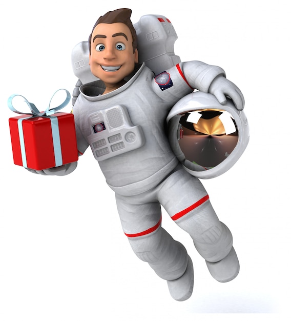 Spaßastronaut mit rotem Geschenk