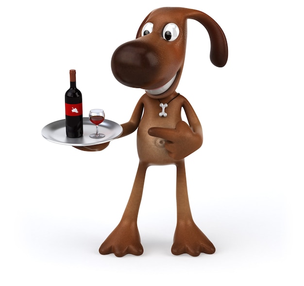 Spaßhund, der eine Flasche Rotwein hält
