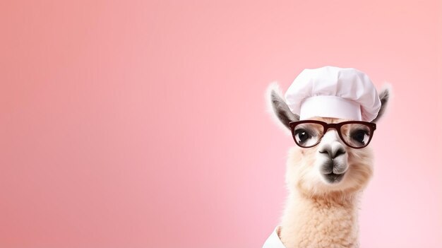 Spaßiges Gesicht Lama mit Sonnenbrille und Kochuniformen Leerraum auf der rechten Seite