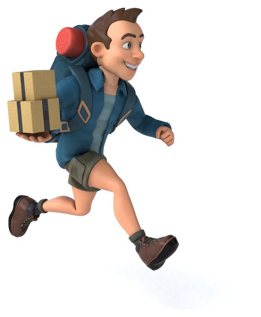 Spaßillustration eines 3D-Cartoon-Rucksacktouristen