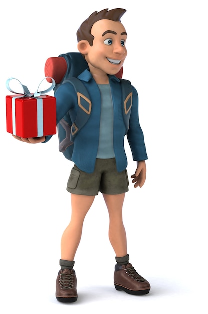 Spaßillustration eines 3D-Cartoon-Rucksacktouristen