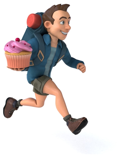 Spaßillustration eines 3D-Cartoon-Rucksacktouristen