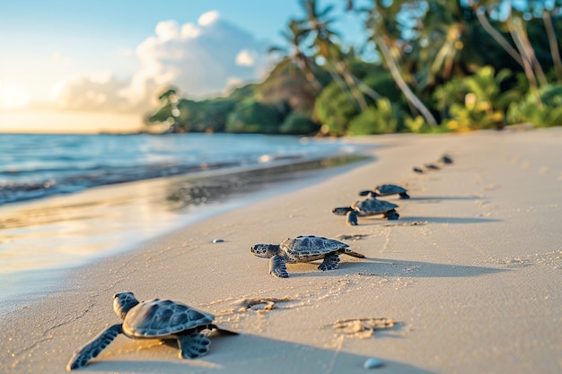 Spazieren Sie sich am Strand entlang, während sich Meeresschildkröten auf dem generativen Ai begeben.