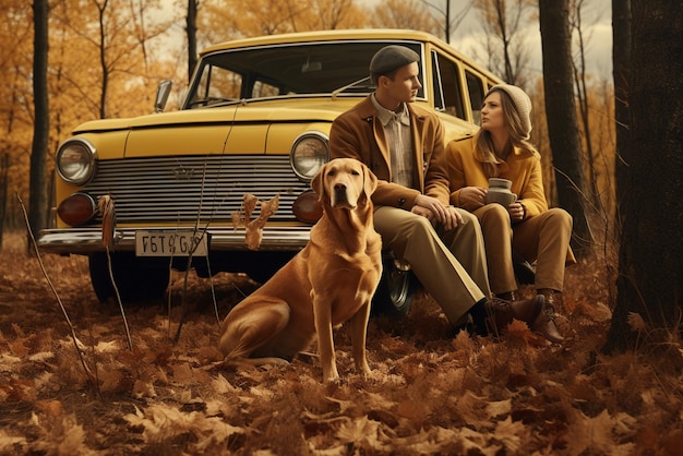 Spazierendes Paar mit Hunden im herbstlichen Waldbesitzer mit goldenem Labrador, der sich in der Nähe des Autos entspannt