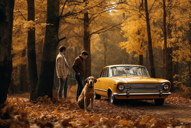 Spazierendes Paar mit Hunden im herbstlichen Waldbesitzer mit goldenem Labrador, der sich in der Nähe des Autos entspannt