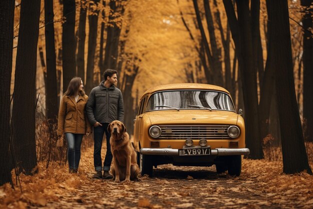 Spazierendes Paar mit Hunden im herbstlichen Waldbesitzer mit goldenem Labrador, der sich in der Nähe des Autos entspannt