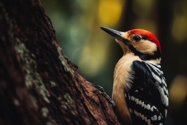 Spechtvogel pickt auf einen Baumstamm. Generative KI