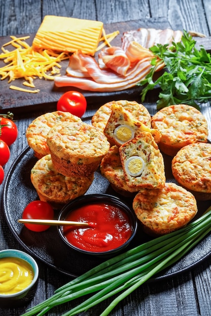 Speck, Ei und Käse Frühstücksmuffins auf einem schwarzen Teller auf einem Holztisch mit Zutaten, vertikale Ansicht von oben