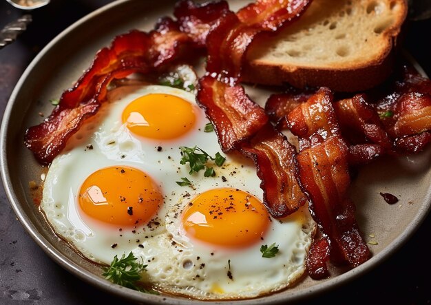 Speck und Eier mit Toast auf dem Teller für ein leckeres FrühstückAI Generative