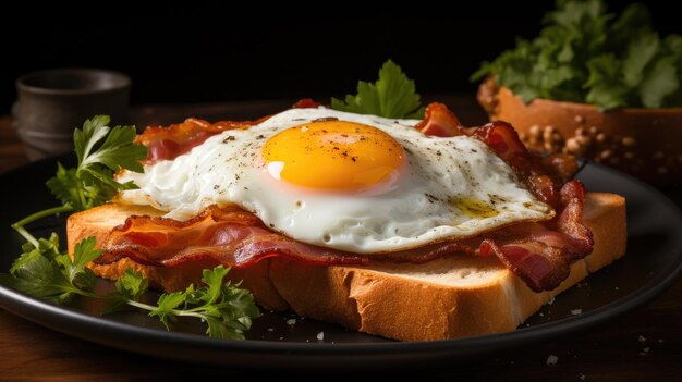 Speck und gebratenes Ei auf geröstetem Brot