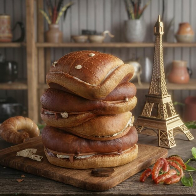 Foto speckburger mit rindfleisch auf einem roten holztisch